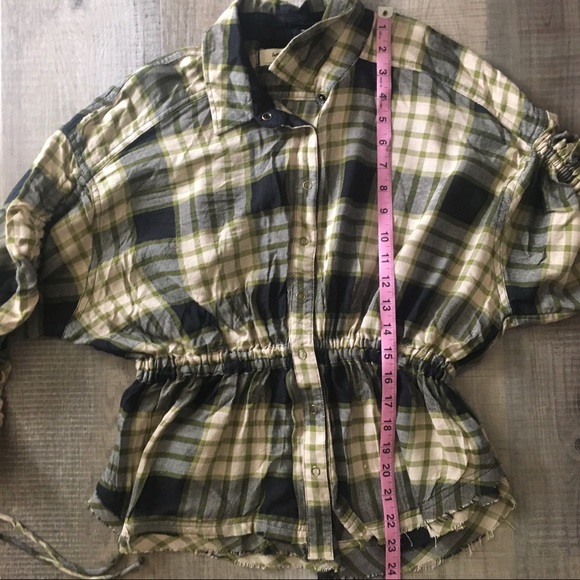 free people pacific dawn plaid green black button up top cinched peplum NWT - Picture 6 of 7